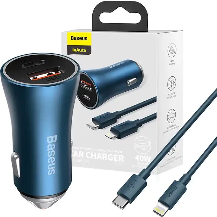 Karikues veture Baseus Golden Contactor Pro, 40W, USB + USB-C, me kabllo USB-C në Lightning 1m, Blu