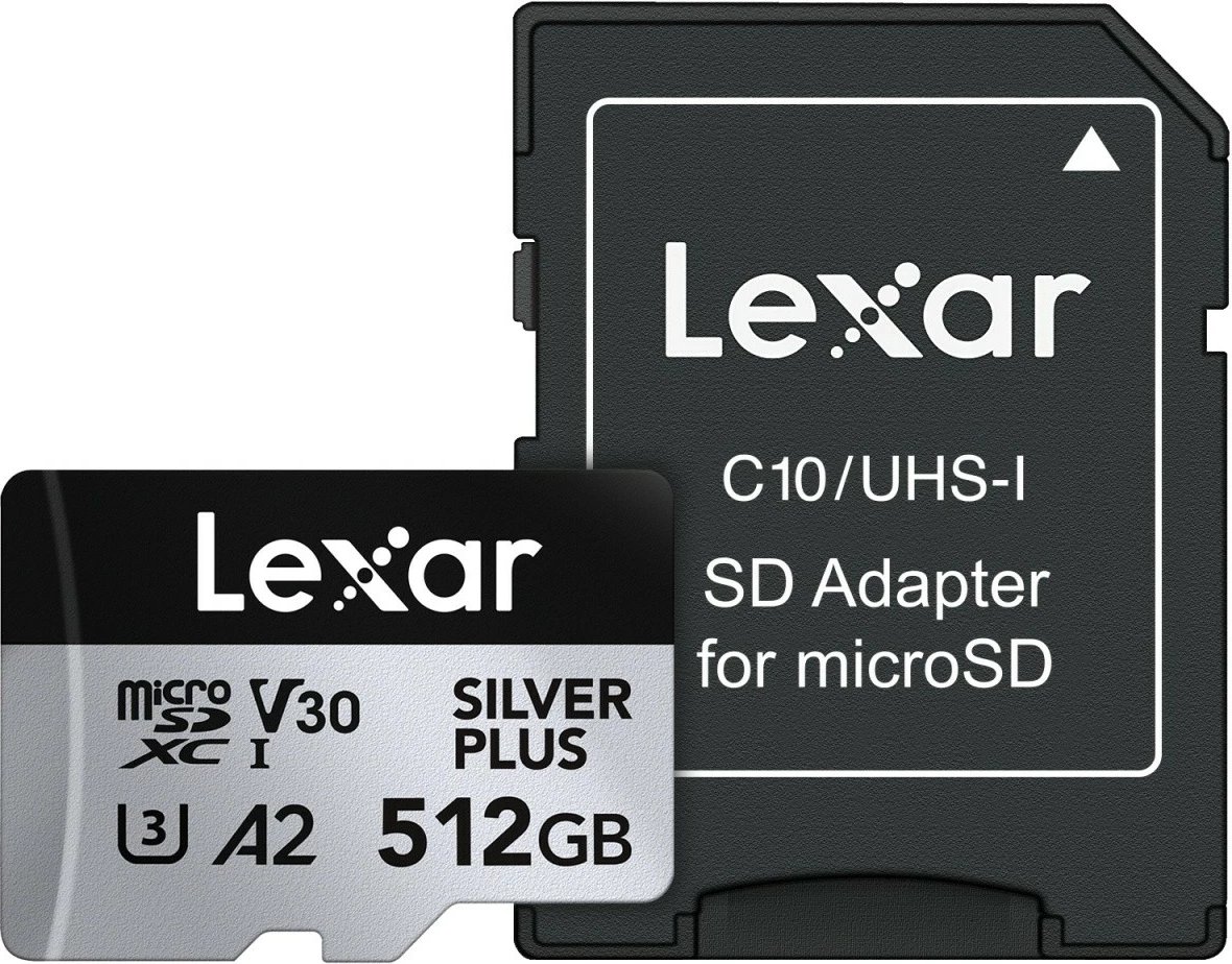Kartë memorjeje microSD Lexar LMSSIPL512G-BNANG 512GB C10 A2 U3 V30 205/150MB/s Silver Plus, argjendtë, me adapter SD