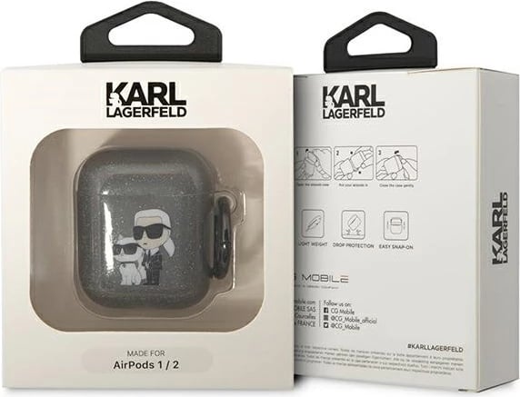 Mbështjellës Karl Lagerfeld KLA2HNKCTGK për AirPods 1/2, Glitter Karl&Choupette, i zi me unazë