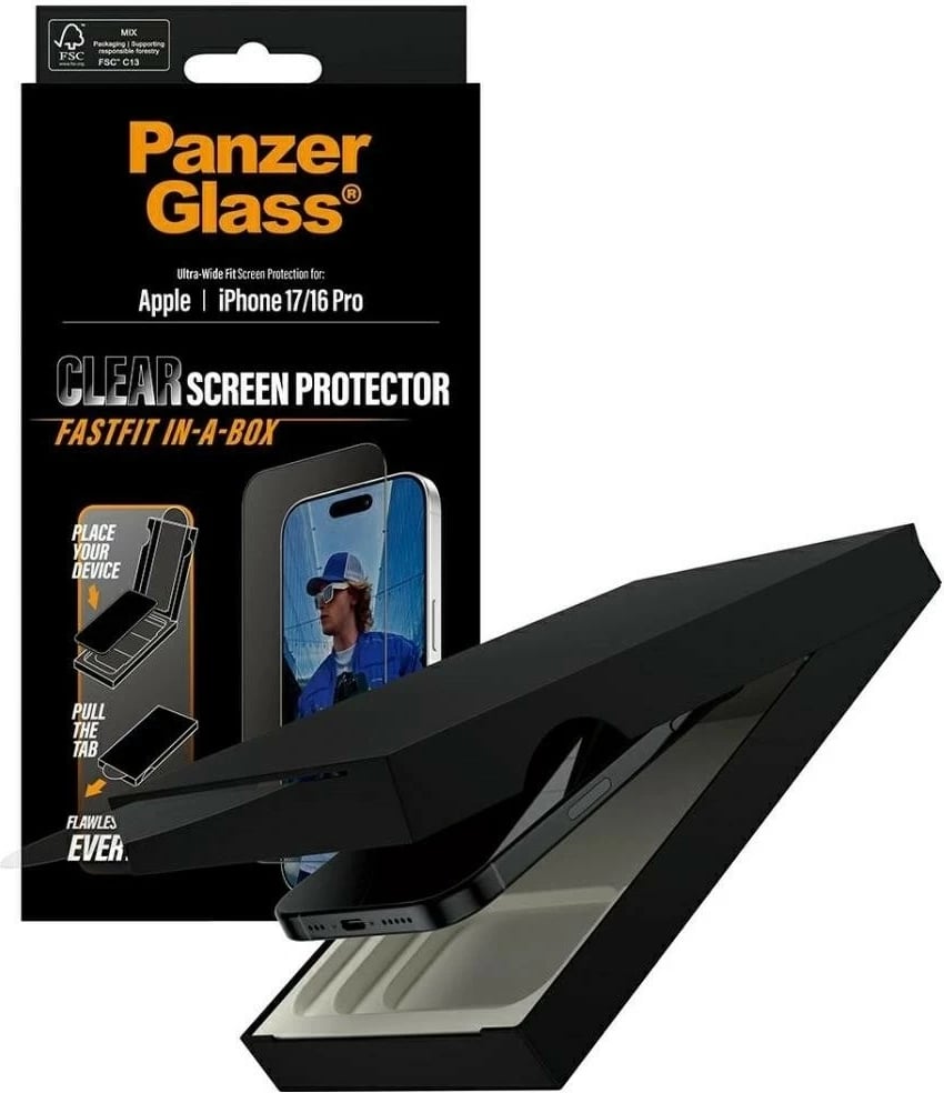 Qelq mbrojtës PanzerGlass Ultra-Wide Fit Fastfit për iPhone 16 Pro/17, transparent
