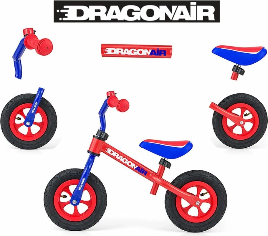 Biçikletë balancuese, Milly Mally, Dragon Air, goma të frymë 10", kornizë çeliku, zile, për moshë 2-5 vjeç, deri 20 kg, e kuqe-blu