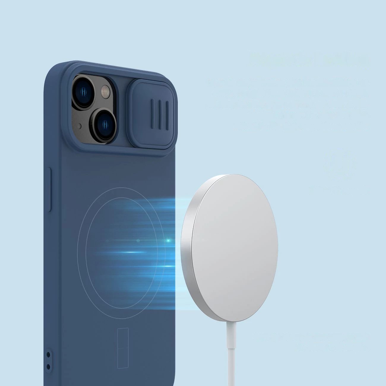 Mbështjellës Nillkin CamShield Silky Silicone për iPhone 14 Plus, MagSafe, me kapak kamere, Kaltër