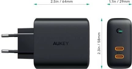 Karikues rrjeti AUKEY PA-D2, 2x USB-C PD 3.0, 36W, i zi