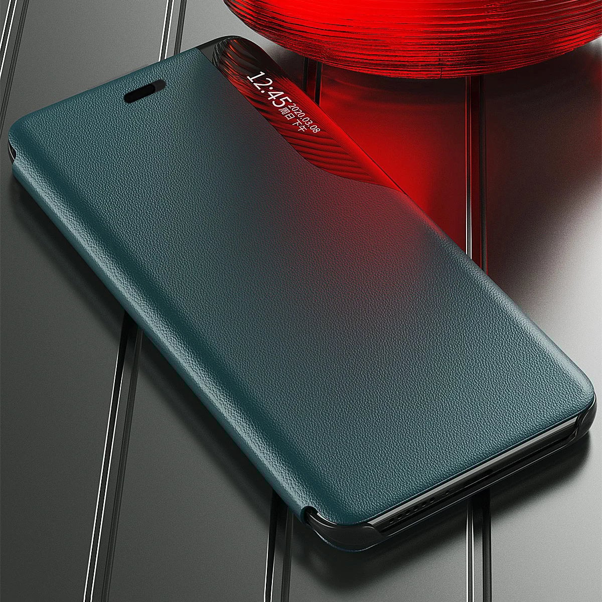 Mbështjellës Hurtel Eco Leather View Case për iPhone 13 mini, me kapak dhe qëndrim, Kaltër