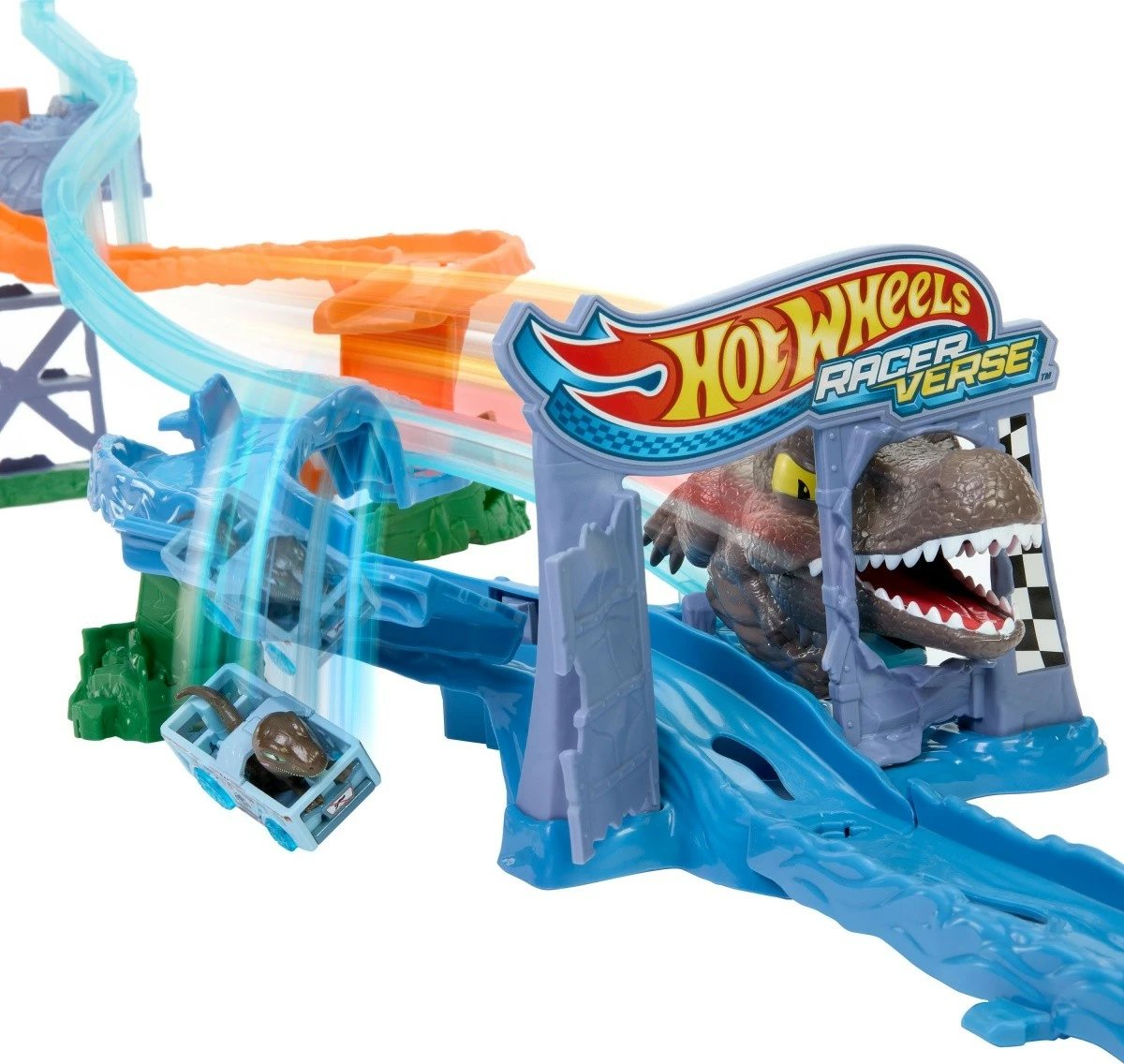 Set loje Hot Wheels RacerVerse Jurassic World Marine Dinosaur Chase Track, Velociraptor, shumëngjyrësh