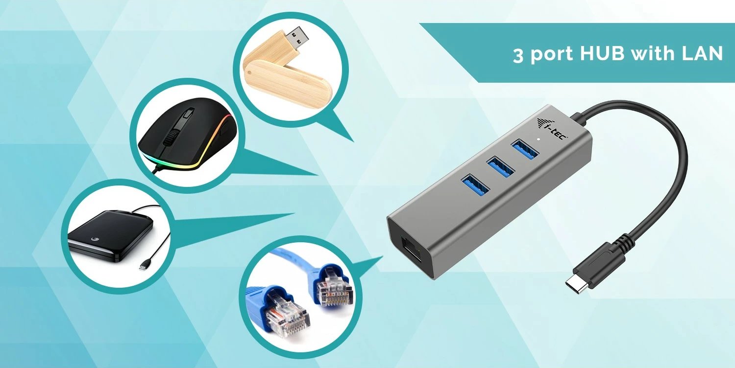 USB-C HUB I-Tec Metal 3 porta + Gigabit Ethernet, gri