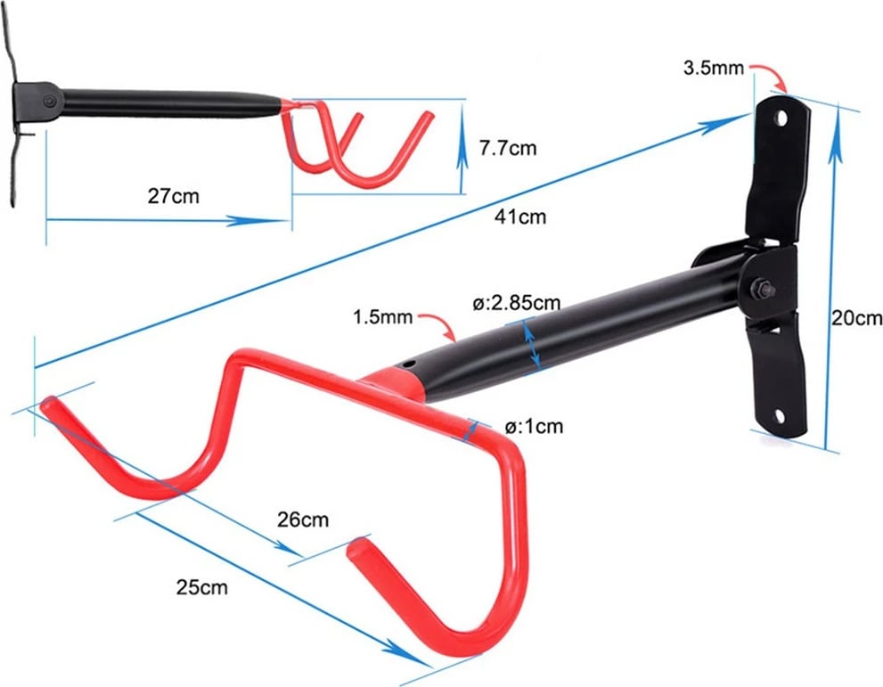 Mbajtës muror horizontal për biçikletë Maclean MC-430, çelik, 30kg, zi/kuq