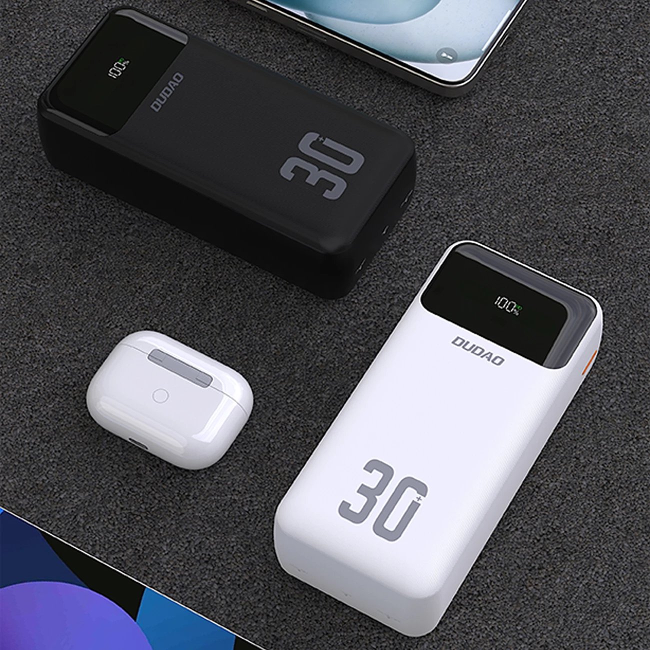Powerbank Dudao K15MAX, 30000mAh, 22.5W, me kabllo të integruara, Bardhë