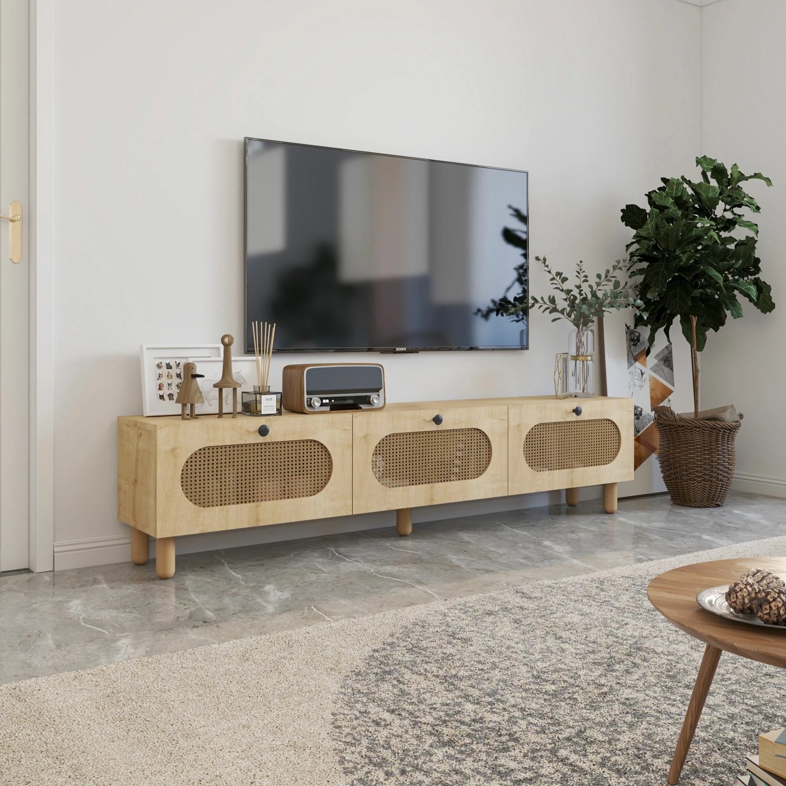 Komodë TV Elena, ngjyrë lis safir, ratan, Skye Decor