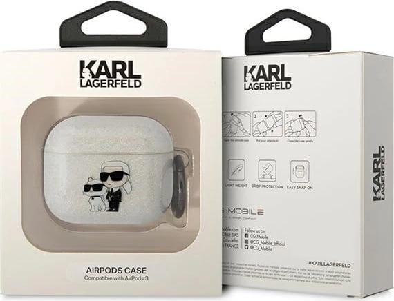 Mbështjellës Karl Lagerfeld KLA3HNKCTGT për AirPods 3, Glitter Karl&Choupette, Transparent me unazë