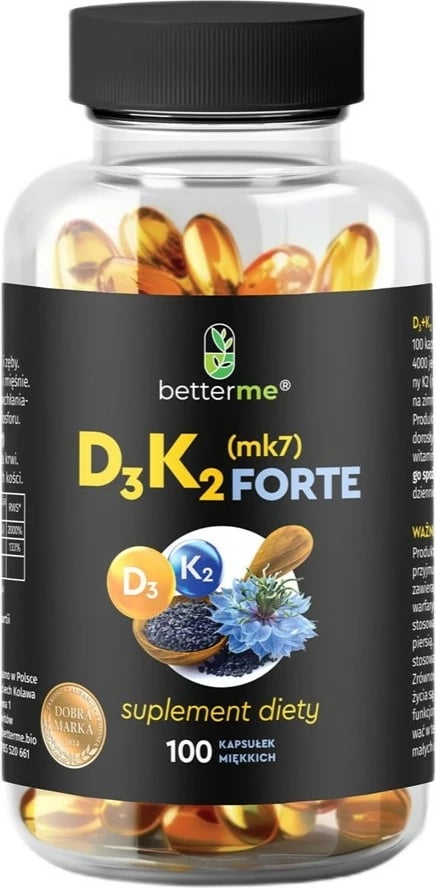 Suplement ushqimor BetterMe D3 K2 MK7 Forte Strong Bones Immunity Circulation, 100 kapsula