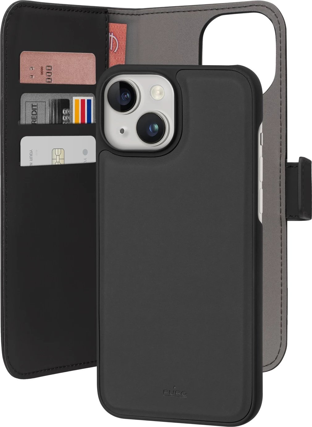 Mbështjellës Puro Wallet Detachable MagSafe 2in1 për iPhone 15, lëkurë ekologjike, i zi