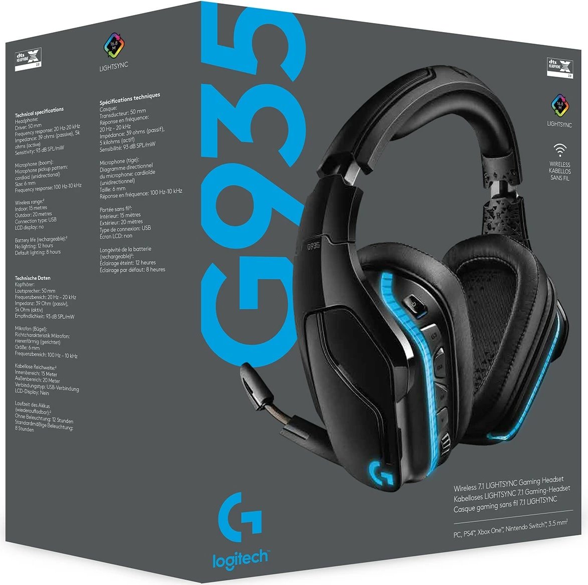 Kufje gaming Logitech G935 pa tela, 7.1 Surround Sound, e zezë, blu