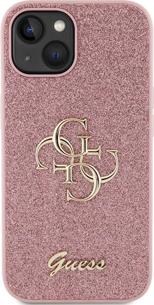 Mbështjellës Guess Glitter Script Big 4G për iPhone 15, Rozë