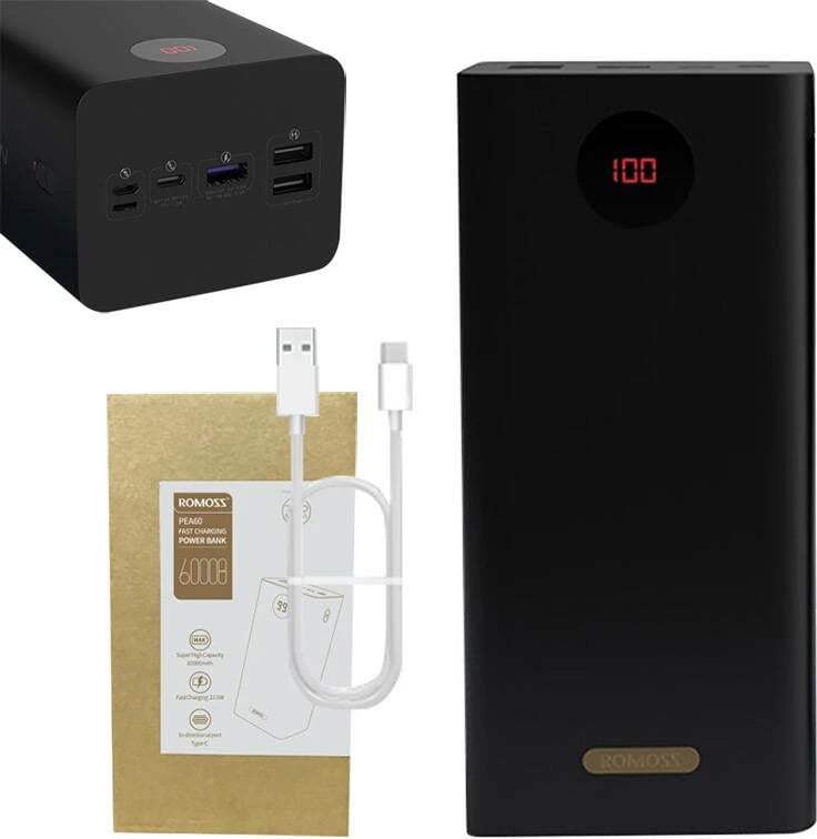 Powerbank Romoss PEA60, 60000mAh, QC + PD, 22.5W, e zezë