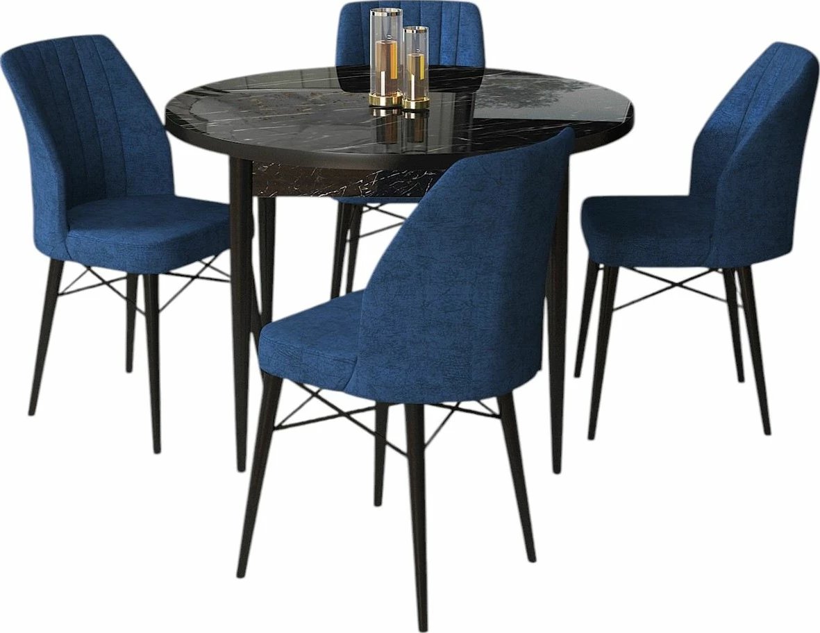 Tavolinë me karrige, 5 copë, Skye Decor, Rox, mermer i zi, karrige blu e errët