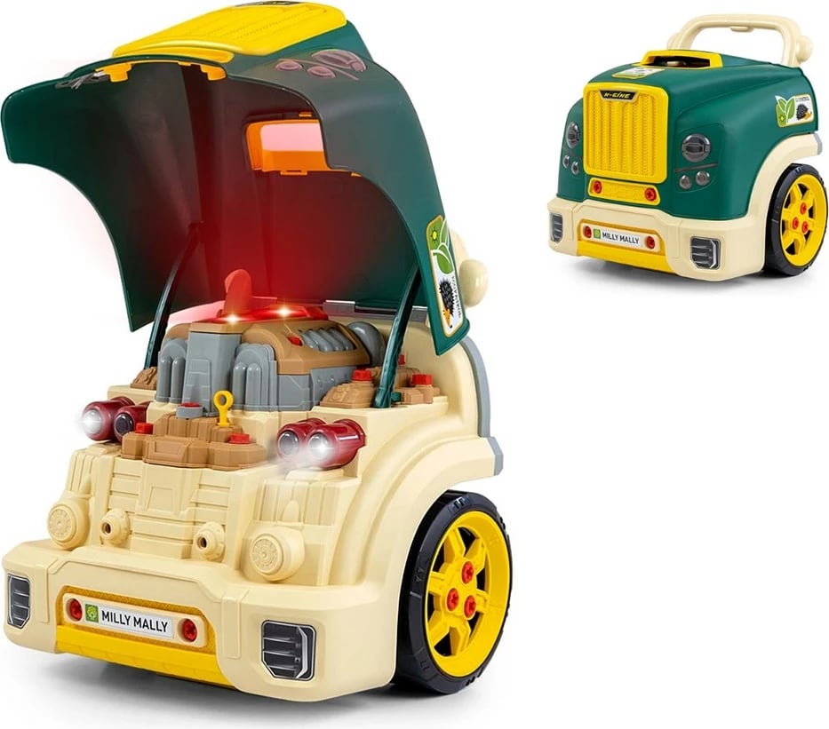 Lodër edukative motor makine me kapak hapës, MILLY MALLY N-GINE, efekte dritë/tingull, timon me borinë, 3 AA, 3+ , e gjelbër, set 56 copë