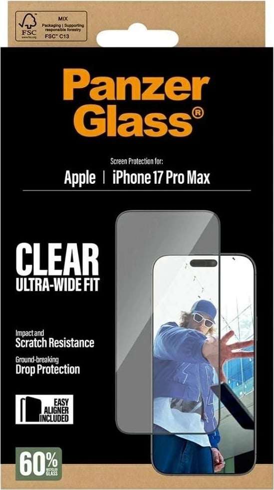 Mbështjellës xhami PanzerGlass Ultra-Wide Fit EasyAligner për iPhone 17 Pro Max transparent