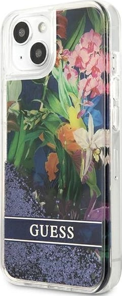 Mbështjellës Guess Flower Liquid Glitter për iPhone 13 mini 5.4", i fortë, Blu