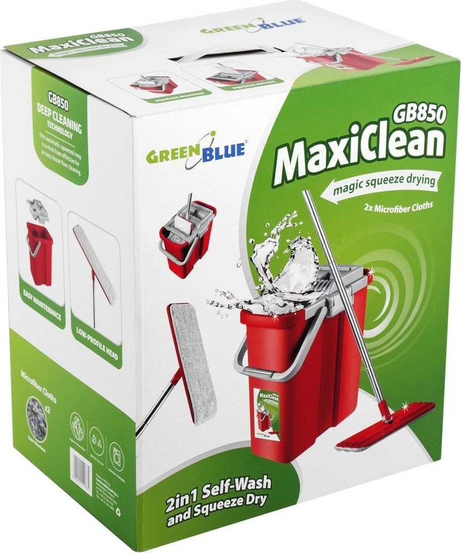 Mop i sheshtë GreenBlue MaxiClean GB850 me kovë dhe shtrydhëse, i kuq