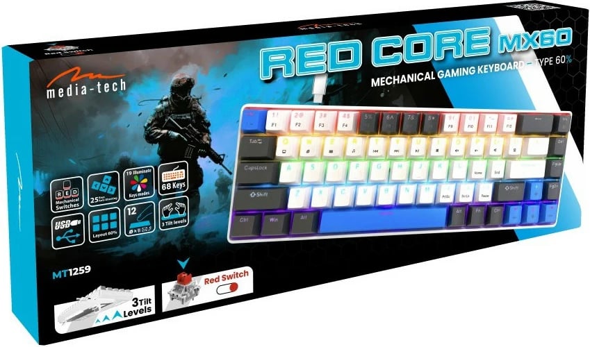 Tastierë mekanike gaming, Media-Tech, Red Core MX60 MT1259, 60% USB-C me kabëll, ndriçim LED RGB, 68 taste, e zezë/blu/e bardhë