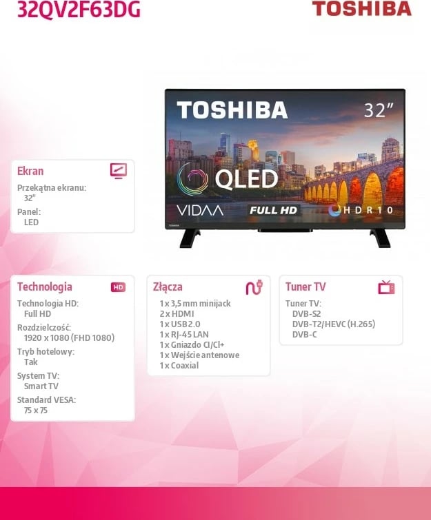 Televizor Toshiba QLED 32QV2F63DG, 32", Full HD, Smart TV, HDR10