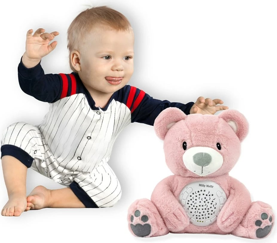 Ari pellushi me projektor, Milly Mally Bear, 10 ninulla, 5 zhurma të bardha, timer 30/60/90 min, 7 konfigurime drite, rozë