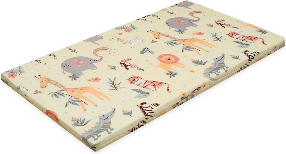 Dyshek shkumë për bebe, New Baby, BASIC, 120x60x5 cm, mbulesë poliestër e heqshme, print ZOO, e verdhë