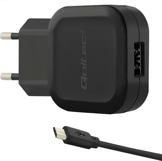 Karikues muri Qoltec 50195, 12W, 5V, 2.4A, USB + kabllo Micro USB, Zi