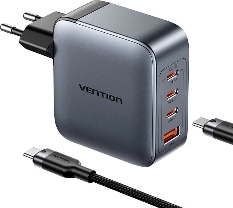 Karikues Vention TZ-FET-EU, 100W GaN, 3x USB-C, 1x USB-A, me kabllo USB-C në USB-C 1m, Gri