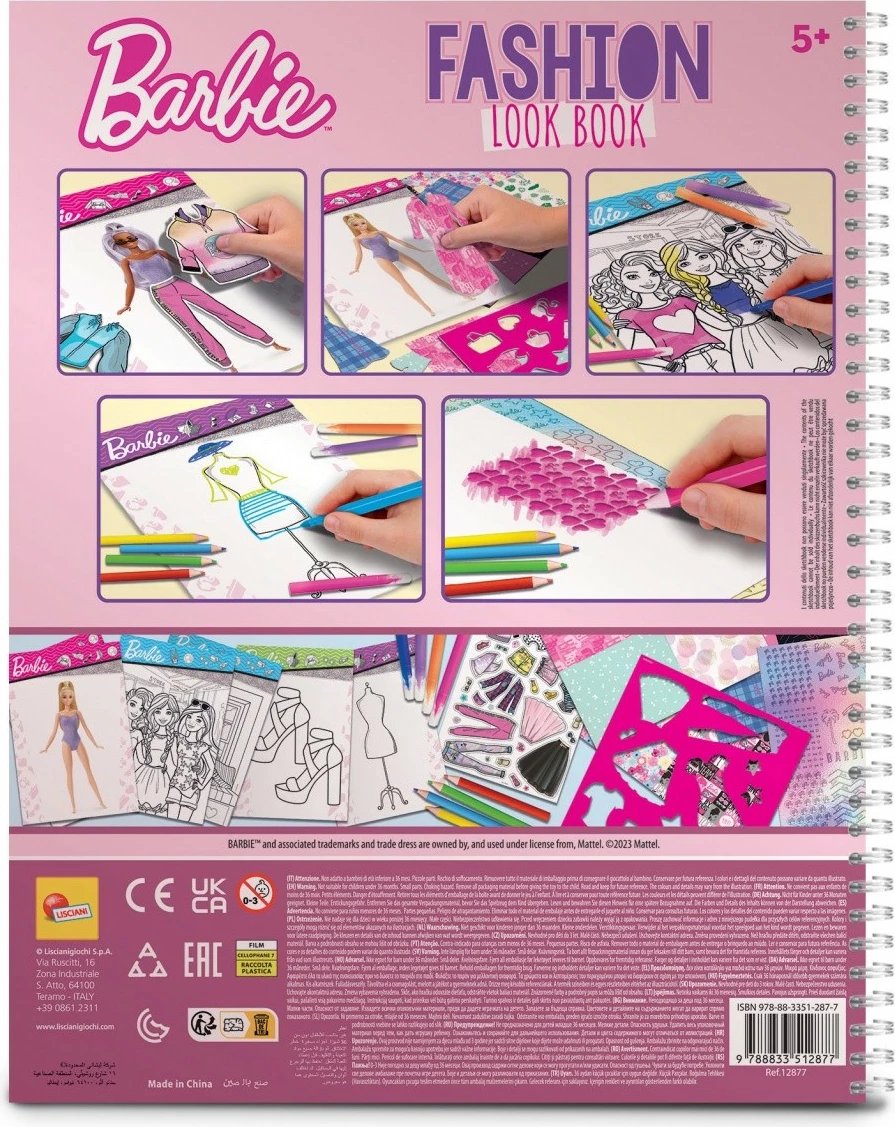 Fletore vizatimi Barbie Lisciani, Fashion Look Book, për vajza, me ngjitëse dhe shabllone