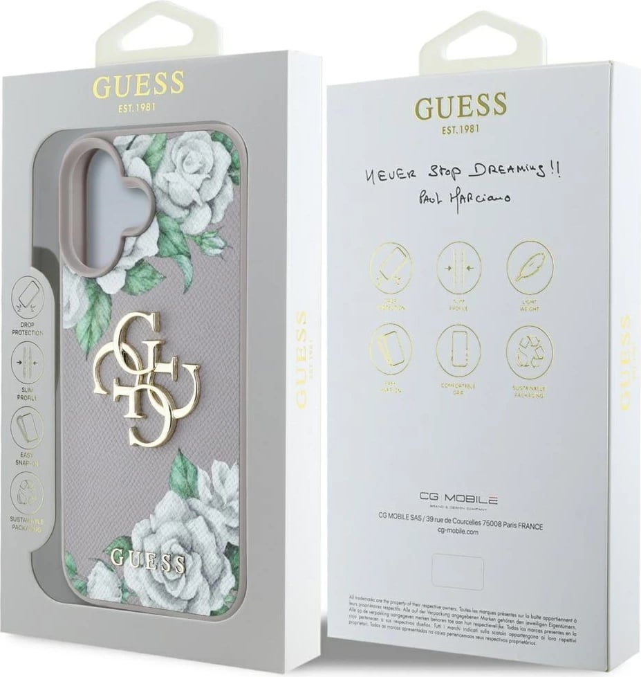 Mbështjellës Guess Grained Roses Big 4G Logo për iPhone 16, Vjollcë