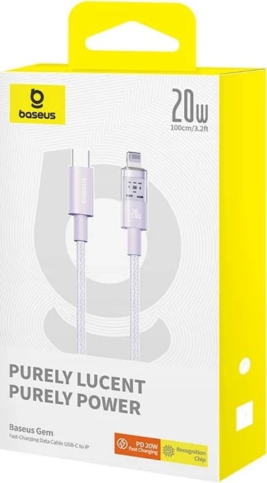 Kabllo Baseus Gem USB-C në iP për mbushje të shpejtë, 1 m, 20 W, Vjollcë