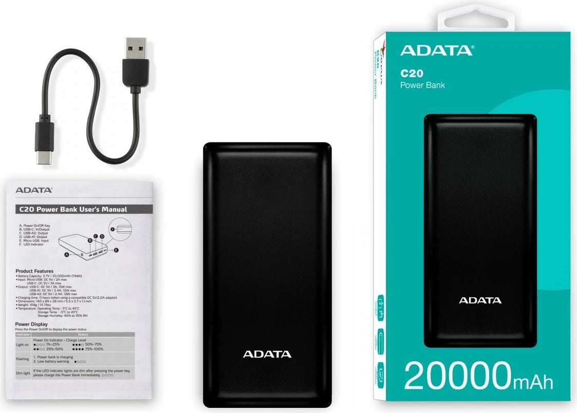 Powerbank Adata C20, 20000mAh, USB-C, e zezë