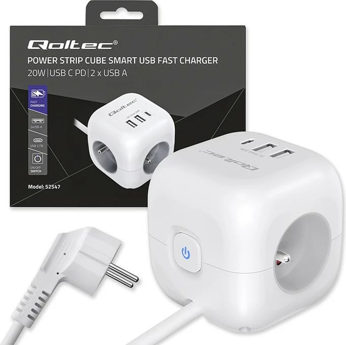 Kasë Qoltec 52547, 3x AC, 2x USB, 1x USB-C PD 20W, 2m, Bardhë
