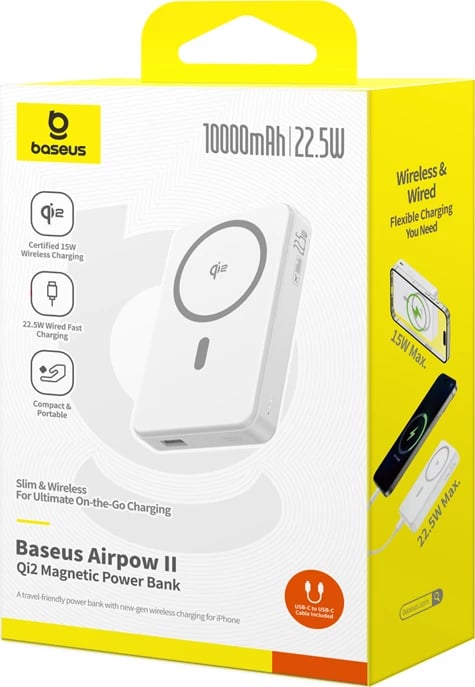 Powerbank Baseus Airpow2 Qi2, 10000mAh, 22.5W, e bardhë