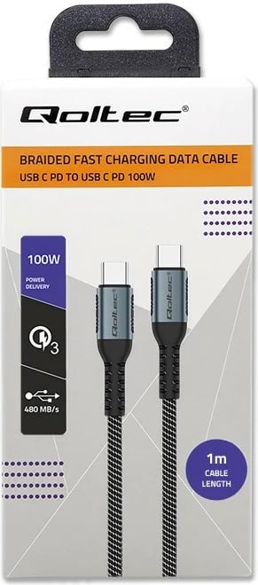 Kabllo USB Type-C Qoltec 52357, 1m, 100W, USB 2.0, QC 3.0, PD, e zezë