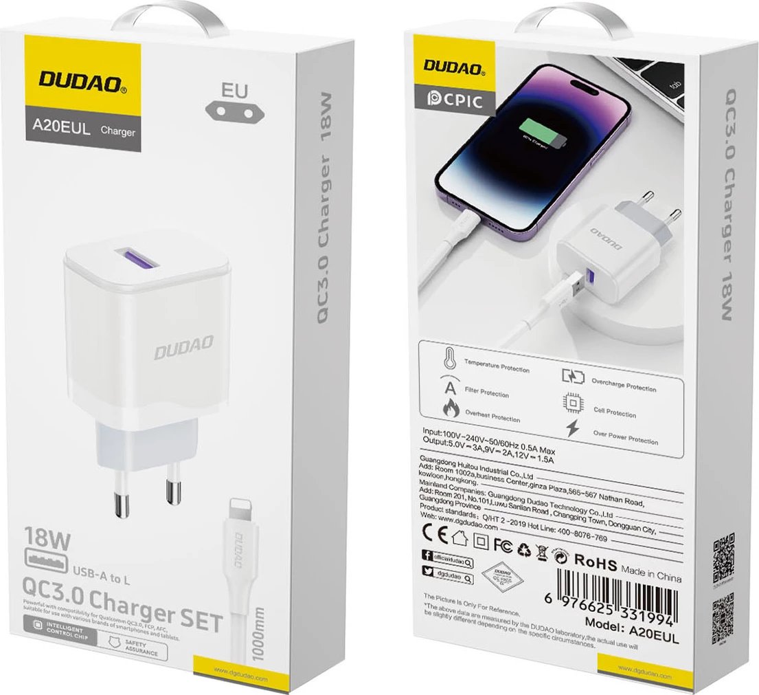 Karikues rrjeti Dudao A20EU me kabllo USB-A në Lightning, 18W, Bardhë