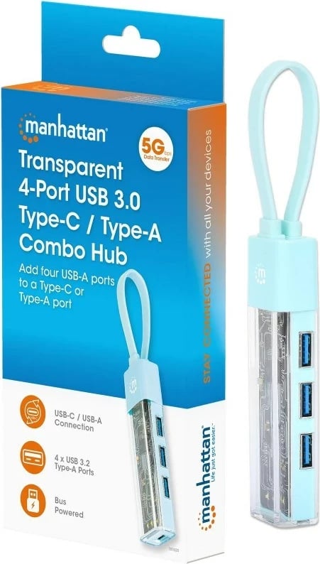 USB Hub Manhattan 181020, 4x USB-A 3.0, Transparent