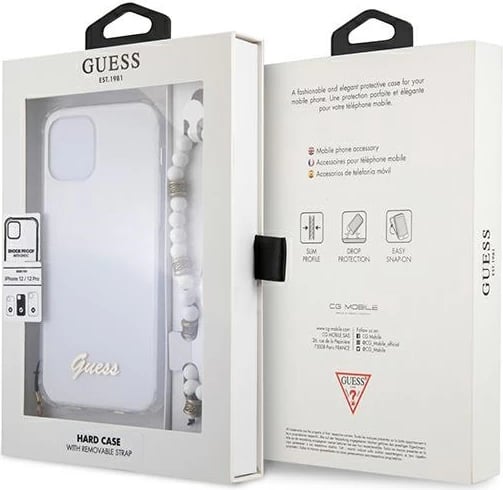 Mbështjellës Guess GUHCP12MKPSWH për iPhone 12/12 Pro 6.1", transparent me varëse perlë