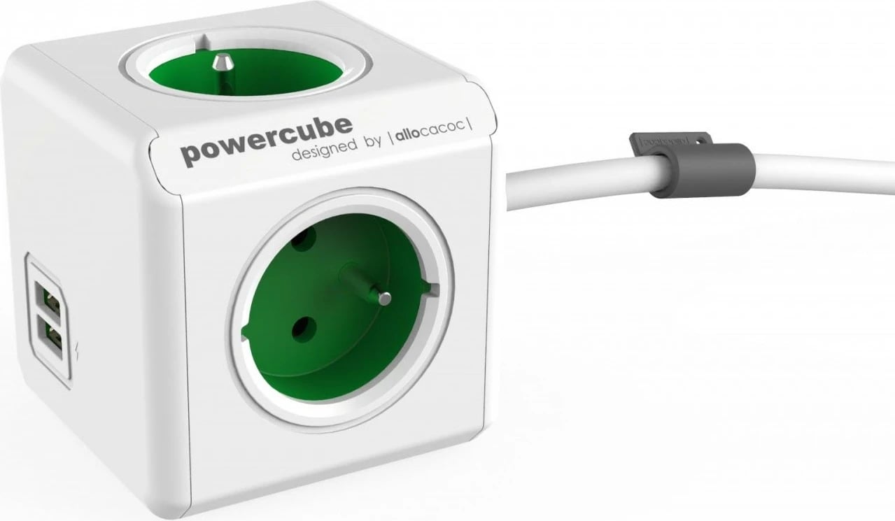 Kasë me dalje USB Allocacoc PowerCube Extended, 1.5m, 4 dalje, 2 USB, Bardhë/Gjelbër