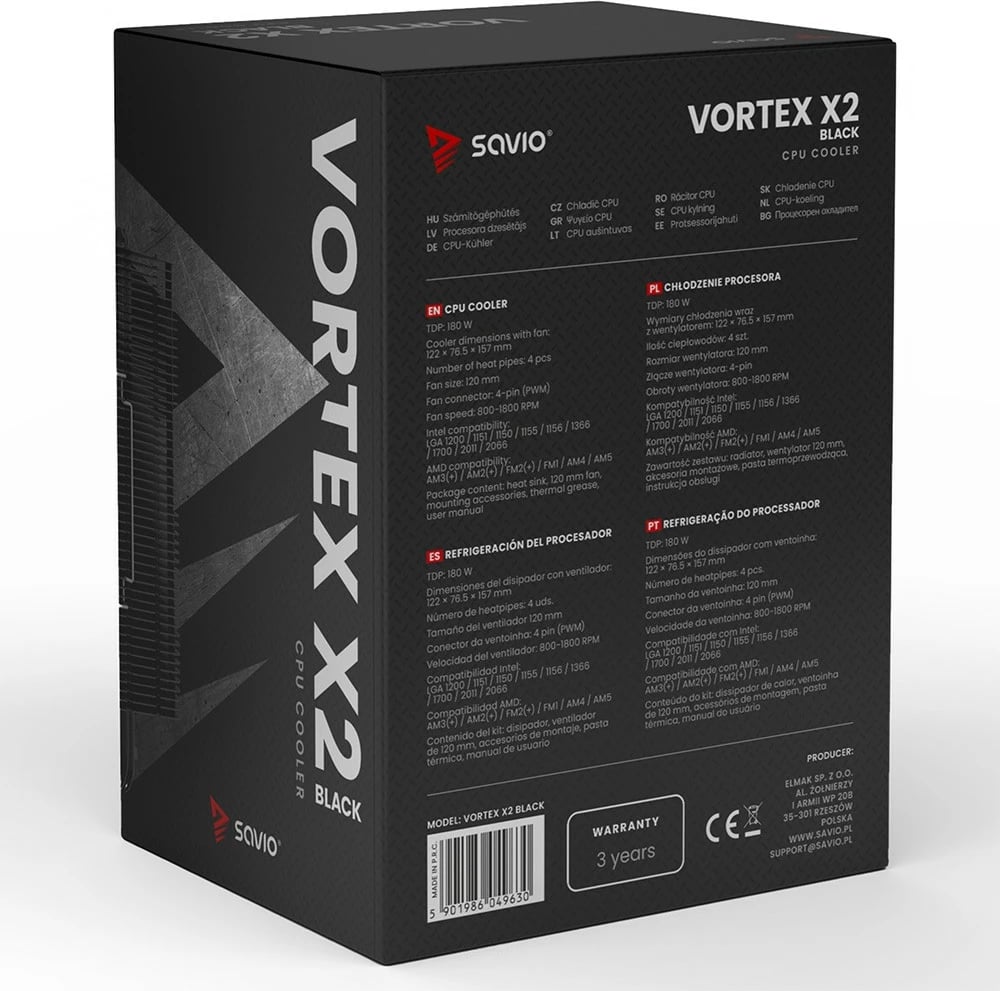 Ftohës procesori Savio Vortex X2 Black, 120 mm, 4-pin, për Intel/AMD, i zi