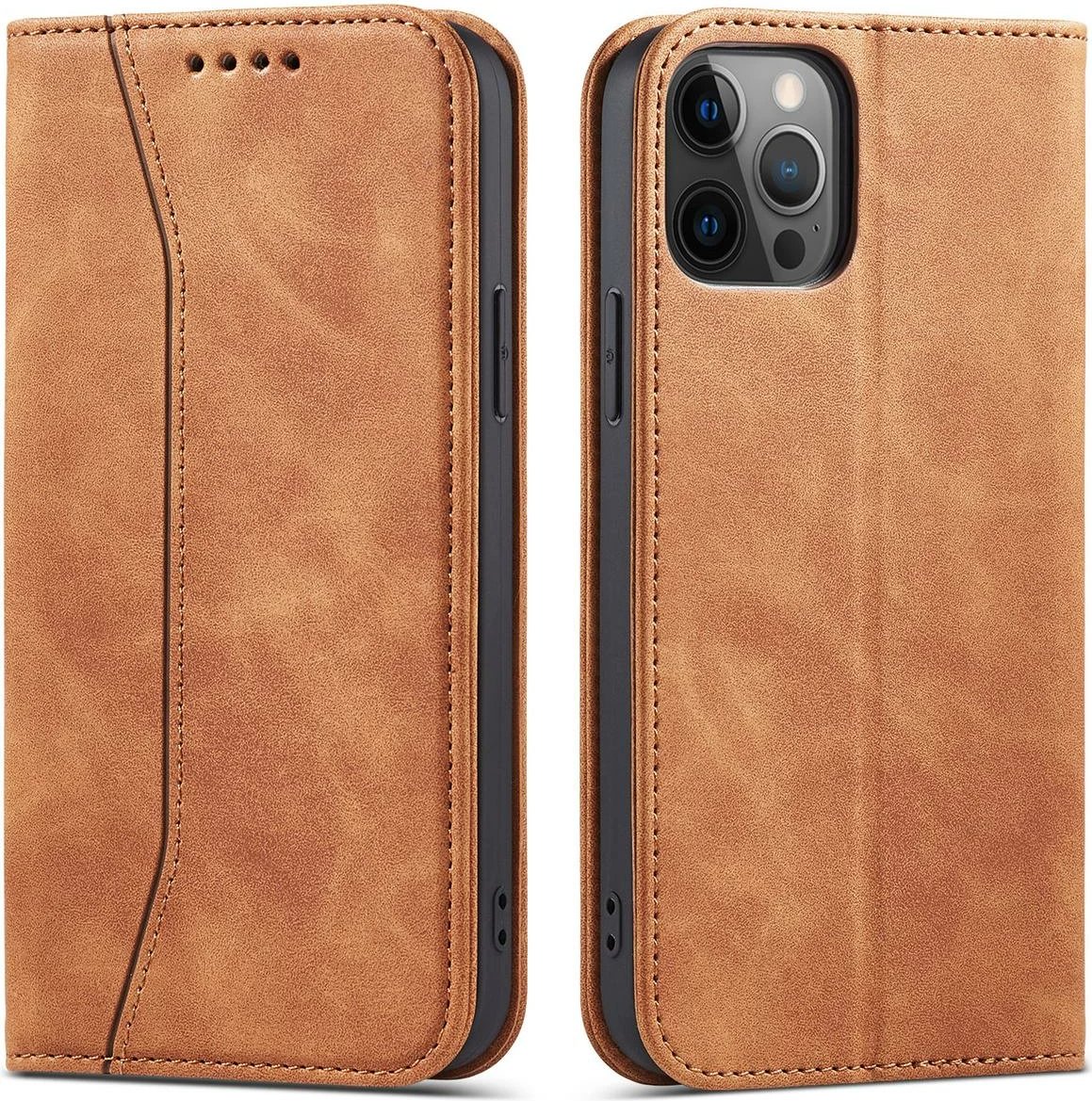 Mbështjellës Hurtel Magnet Fancy Case për iPhone 12 Pro Max, me portofol dhe mbajtëse, Kafe