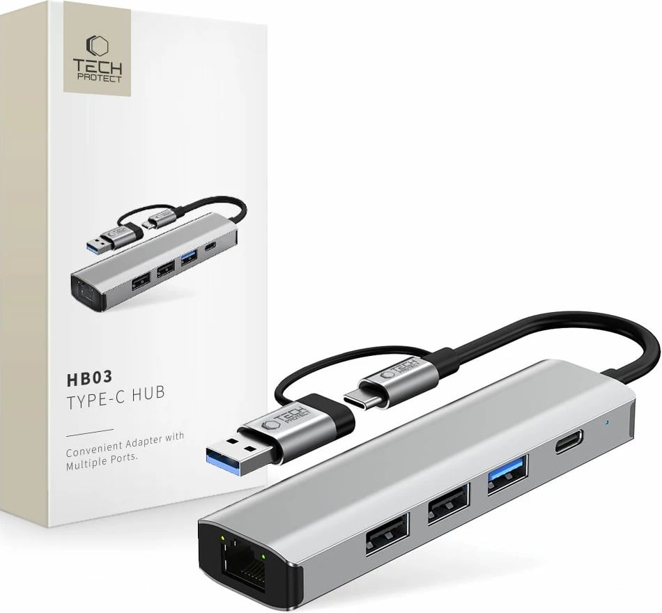 Adapter HUB Tech-Protect HB03 5in1, USB-C/USB-A, RJ45, Gri