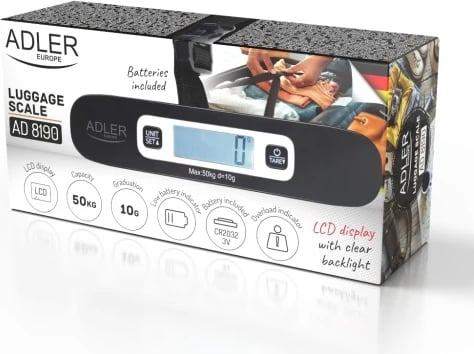 Peshore bagazhi Adler AD 8190, 50kg, saktësi 10g, LCD me ndriçim të bardhë, njësi g/kg/oz/lb, rrip polipropileni, CR2032, e zezë