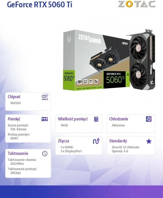Kartelë grafike, ZOTAC, GeForce RTX 5060 Ti AMP (ZT-B50620F-10M), 16GB GDDR7 128-bit, 3x DP/1x HDMI, PCIe 5.0 x8