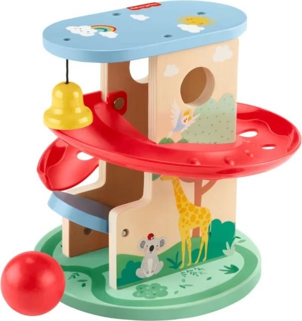 Lodër druri Fisher Price Wooden Treehouse Ball Run, me top, shumëngjyrëshe, për fëmijë të vegjël