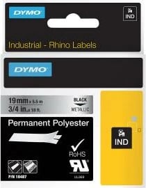 Shirit etiketas Dymo 18487 poliester i metalizuar ngjitës përhershëm 19mm x 5.5m, i zi në metalik