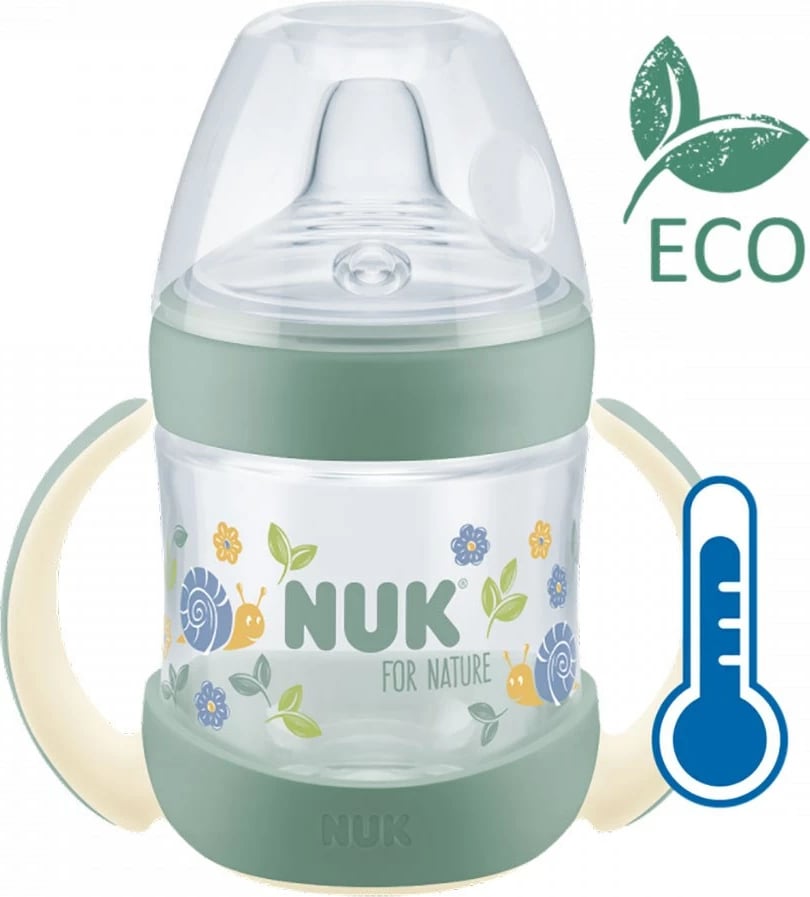 shishe mësuese bebe, NUK, For Nature, 150 ml, kontroll temperature, 6-18 muaj, jeshile