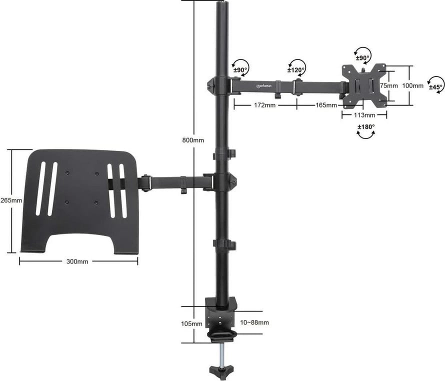 Mbajtëse tavoline Manhattan për monitor/laptop, 1 ekran, 10-27", VESA 75x75-100x100mm, deri 8kg, e zezë